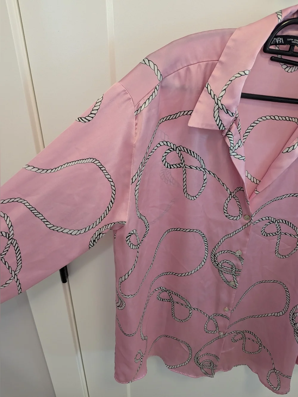 Zara Pink Satin Rope-Print Button-Up Blouse - Picture 4 of 9